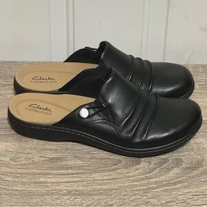 Clarks Laurieann Bay Black Leather Comfort Slip On Clogs Mule Shoes Women 9 Wide